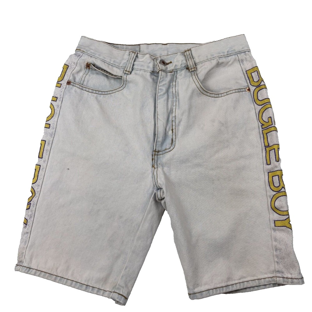 Rare Vtg 90's Spell Out Bugle Boy Jeans Shorts Men 31 White Denim Fade Made USA